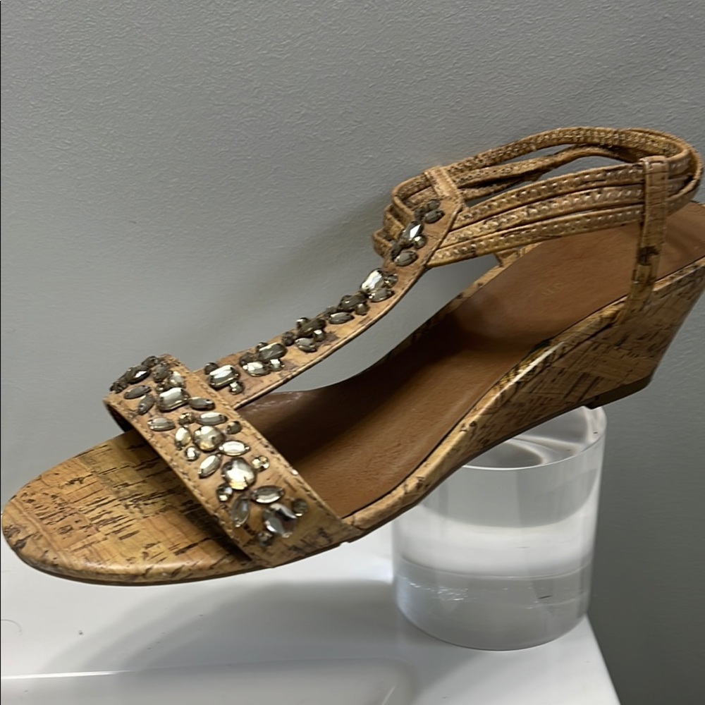 Attention Tan Wedge Sandals with Cork Heel - Picture 1 of 9